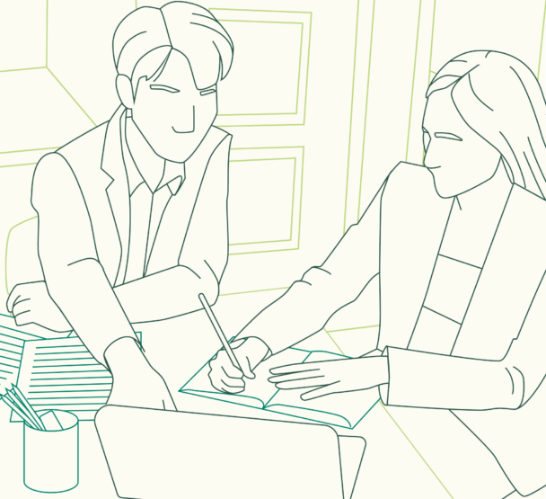 Line drawing of a recruitment scene